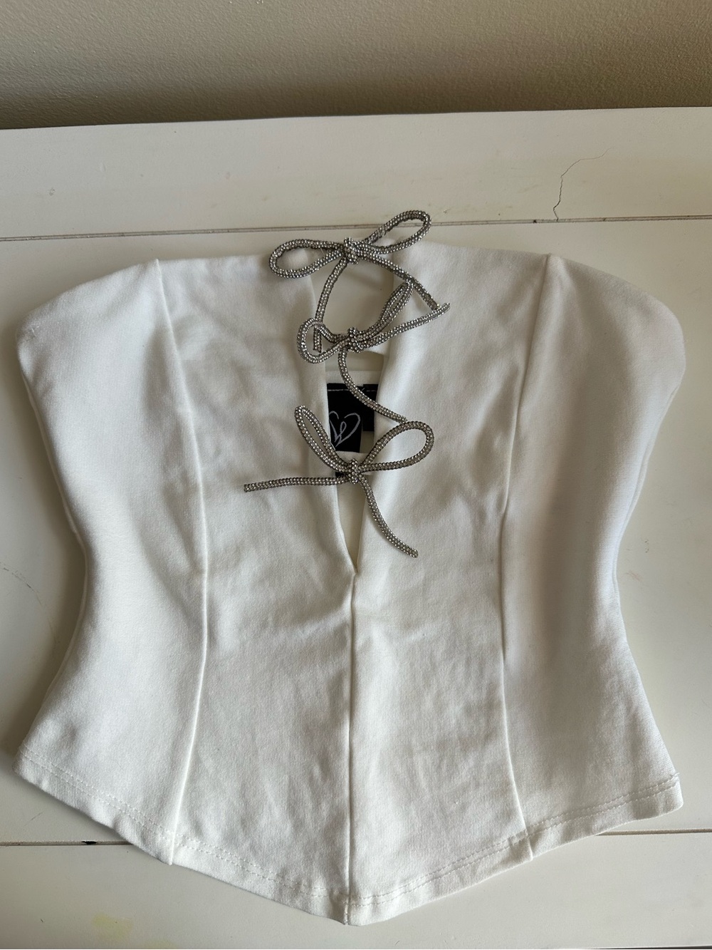 Windsor White Strapless Corset Bodysuit with Rhinestone Tie